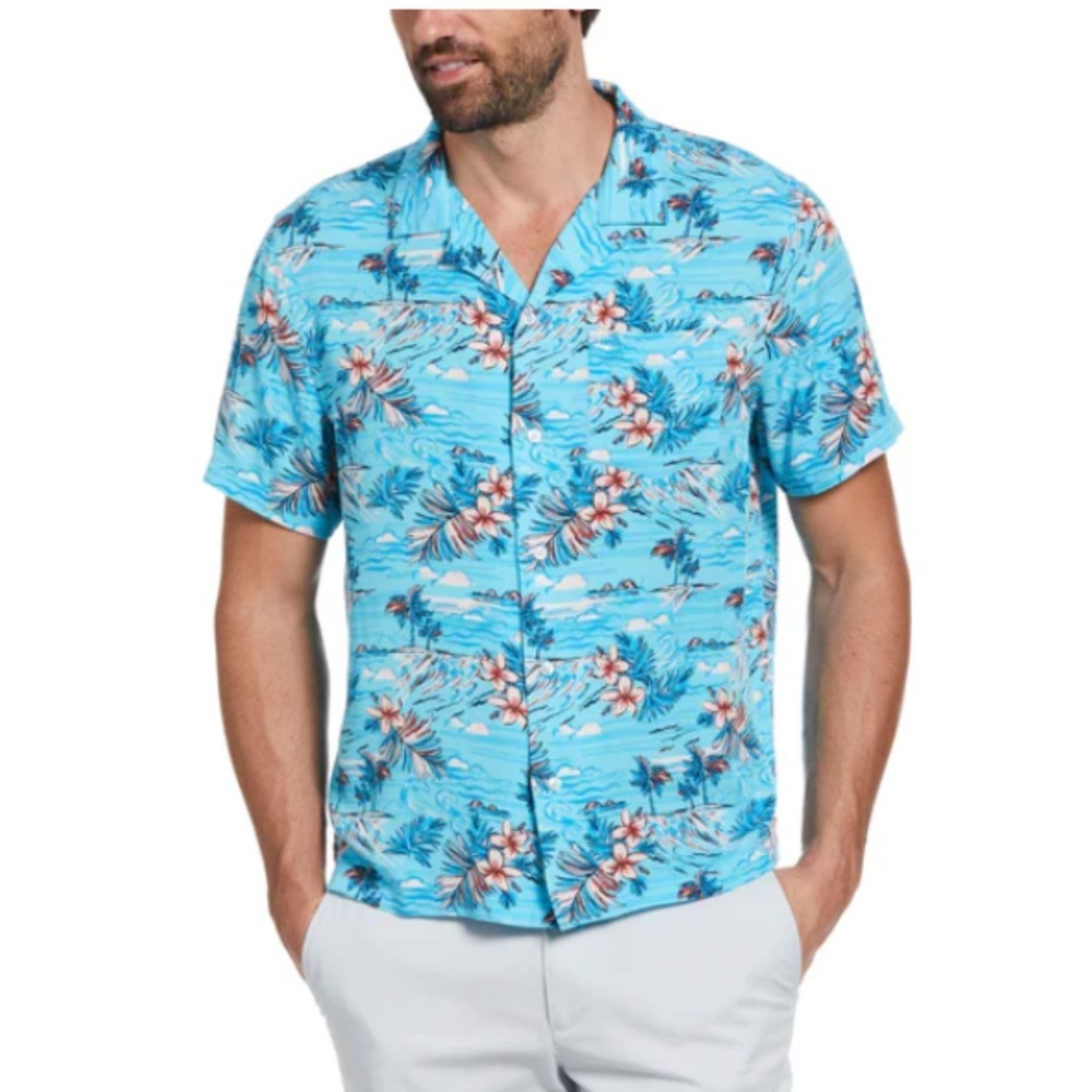 Original Penguin Button Up Shirt Mens Medium Blue Tropical Floral Short Sleeve